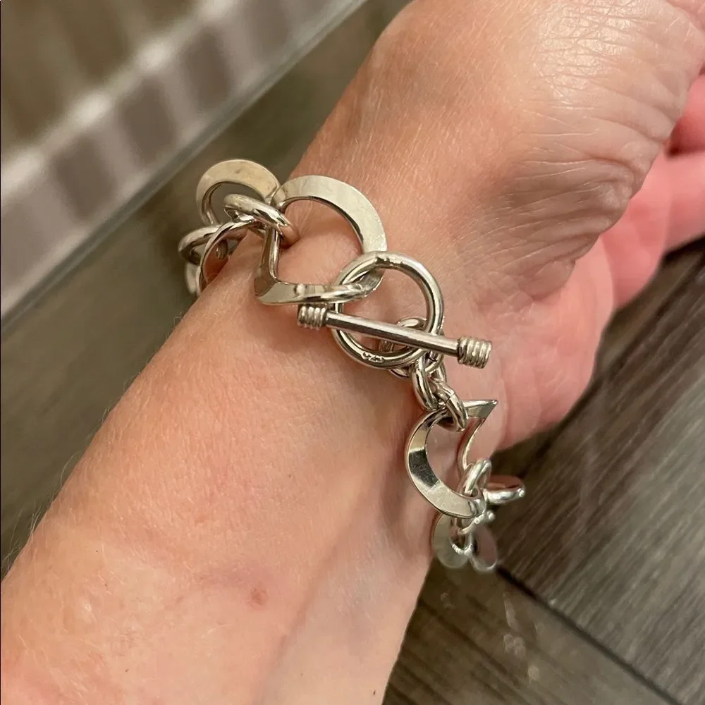 Vintage Sterling Silver Curved Circle Chain Link Toggle Bracelet, Length 7 3/4”